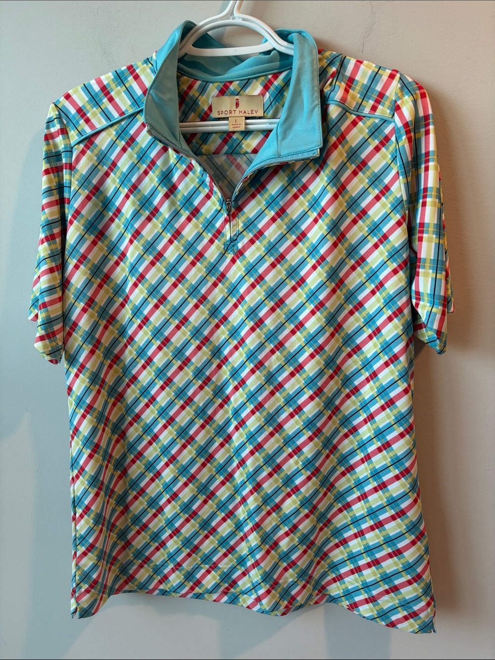 Sport Haley Men's Aqua Plaid Short-Zip Golf Polo with Multicolor Check